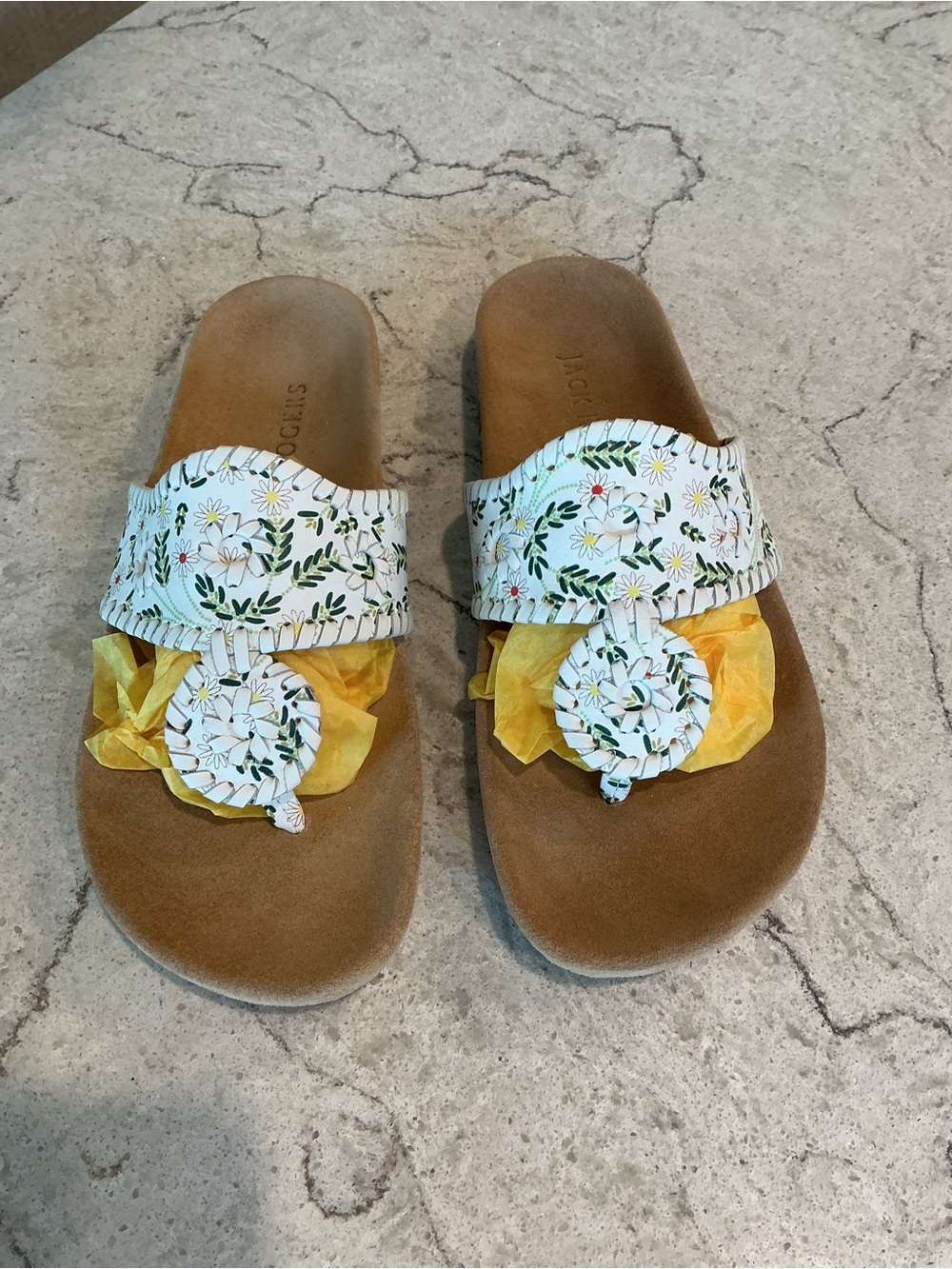 Jack Rogers White Floral Comfort Leather Slide Sandals.